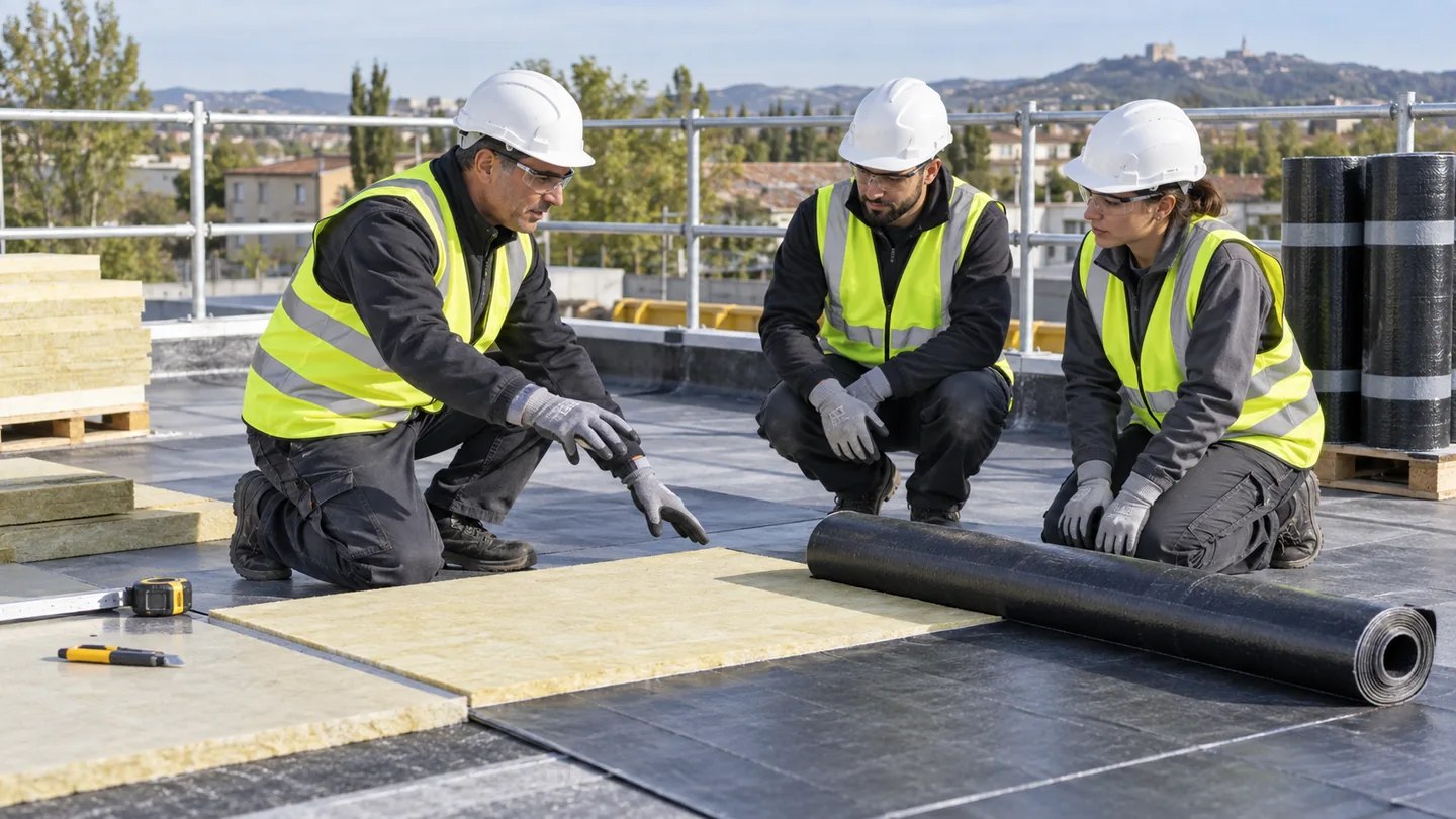Ilustración de formación preventiva en Aislamiento e impermeabilización — PRL Construcción