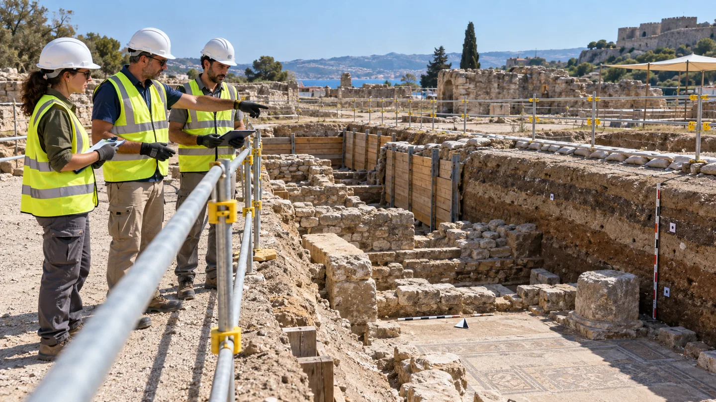 Ilustración de formación preventiva en Trabajos de arqueología en construcción — PRL Construcción