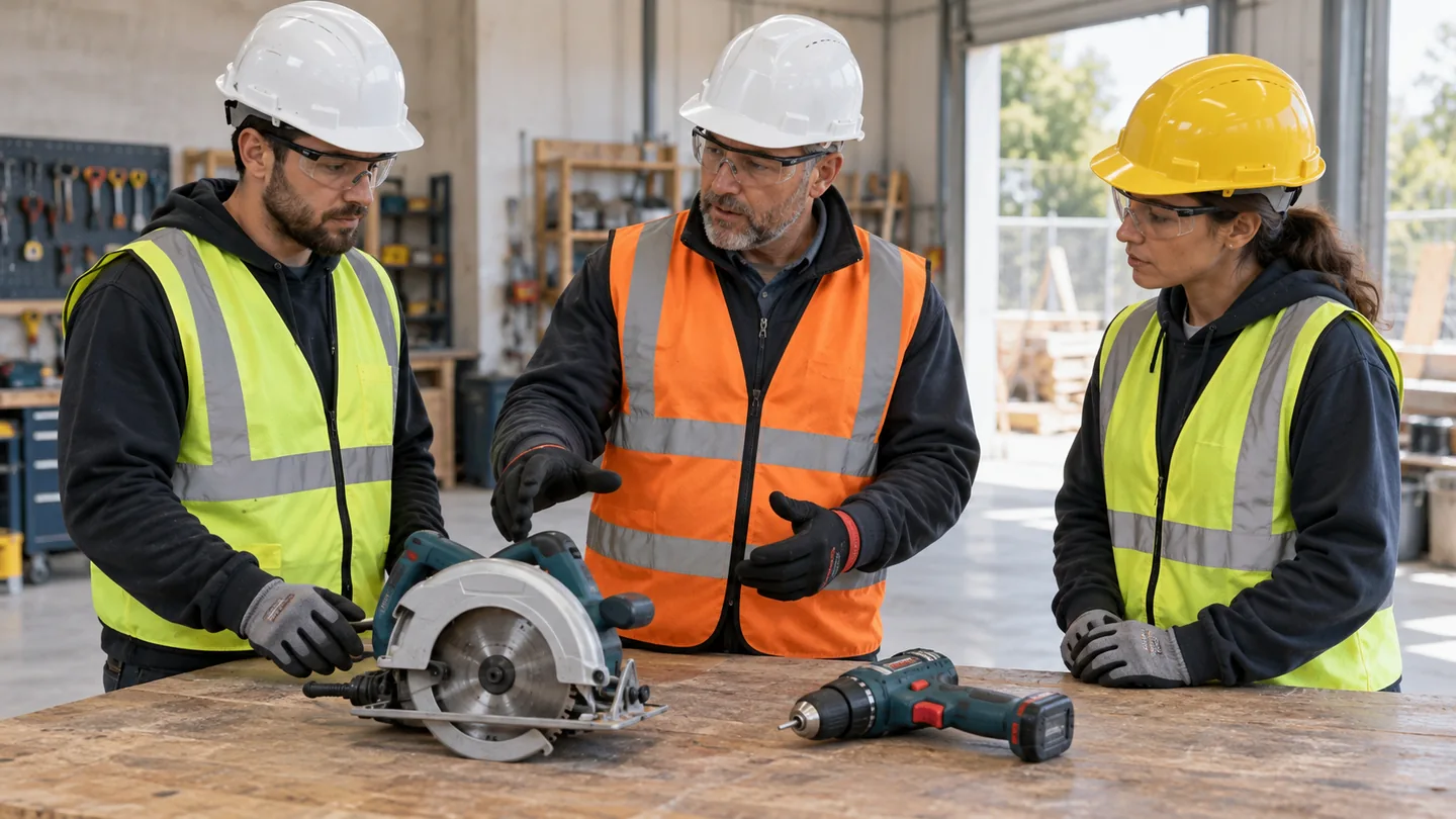 Ilustración de formación preventiva en Operadores de equipos manuales — PRL Construcción