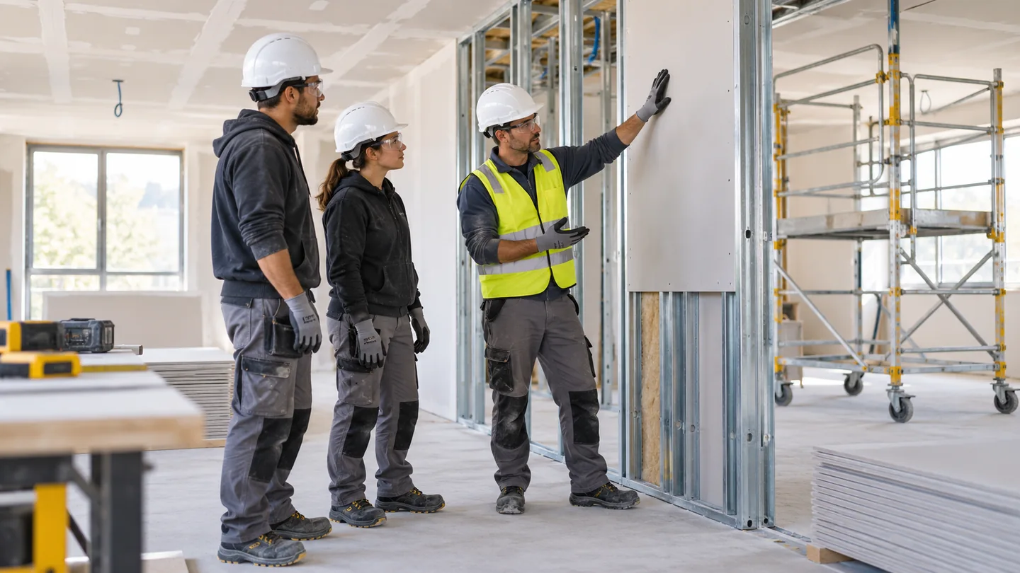 Ilustración de formación preventiva en Montador de escayola y placas de yeso laminado — PRL Construcción