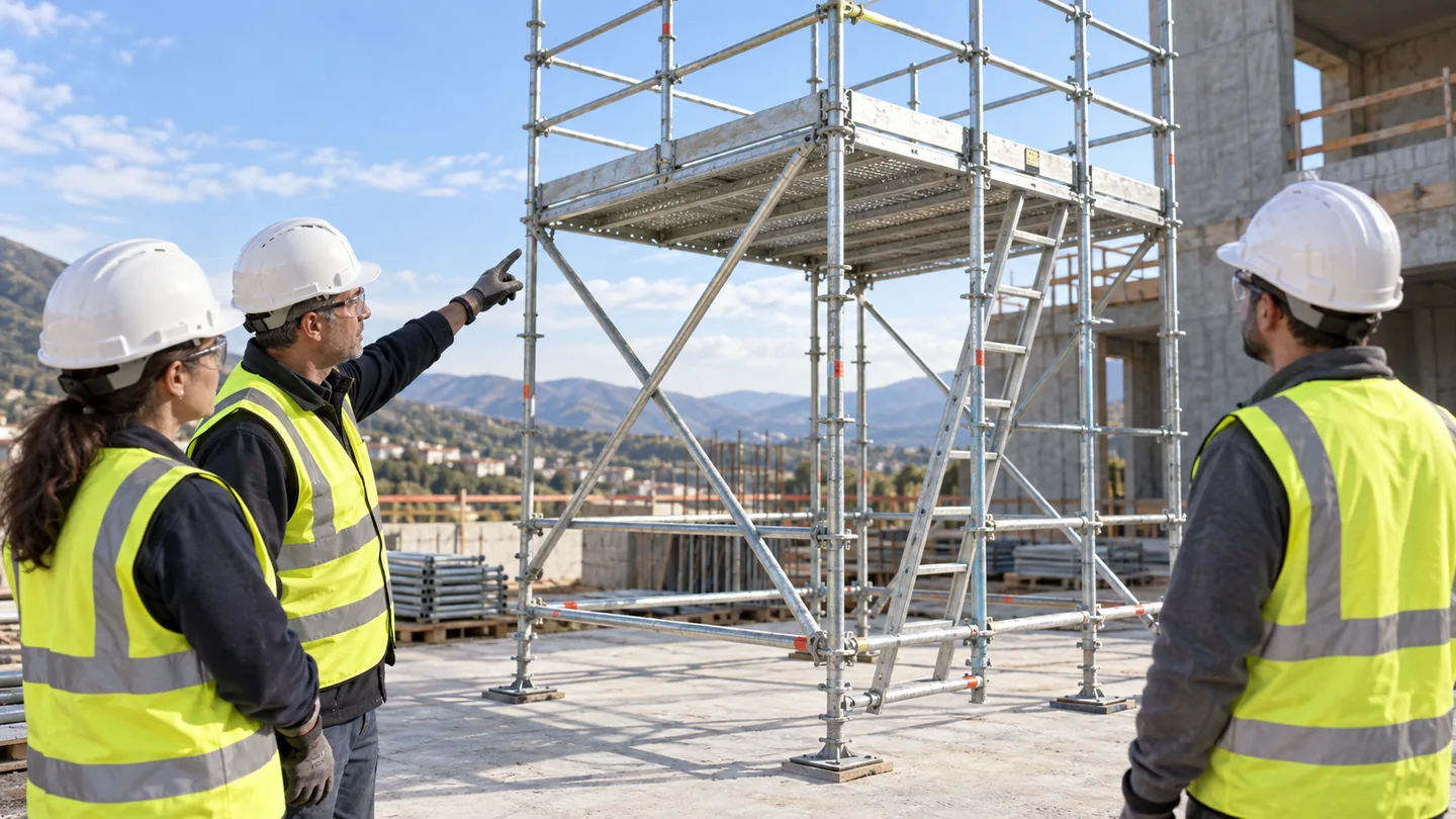 Ilustración de formación preventiva en Montaje de estructuras tubulares — PRL Construcción