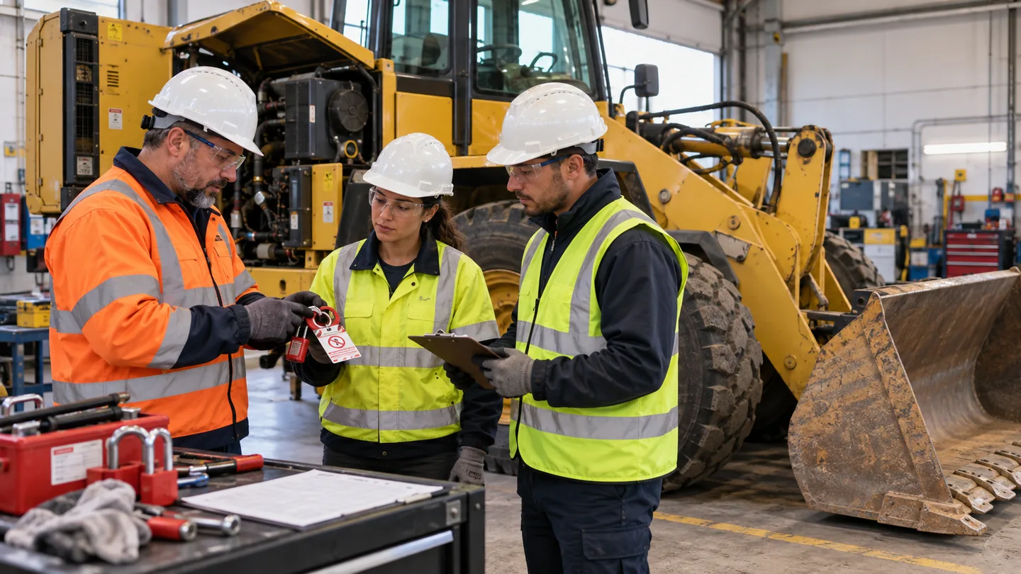 Ilustración de formación preventiva en Mantenimiento de maquinaria y vehículos — PRL Construcción