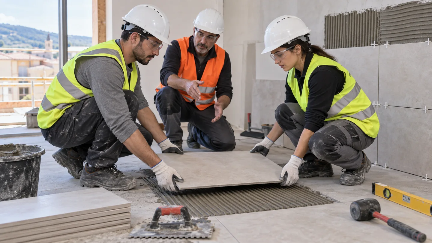 Ilustración de formación preventiva en Solados y alicatados — PRL Construcción