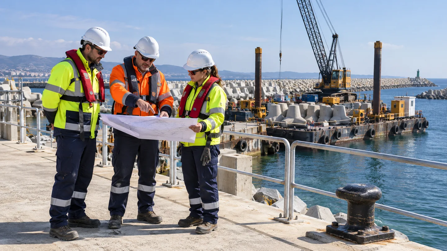 Ilustración de formación preventiva en Trabajos marítimos — PRL Construcción