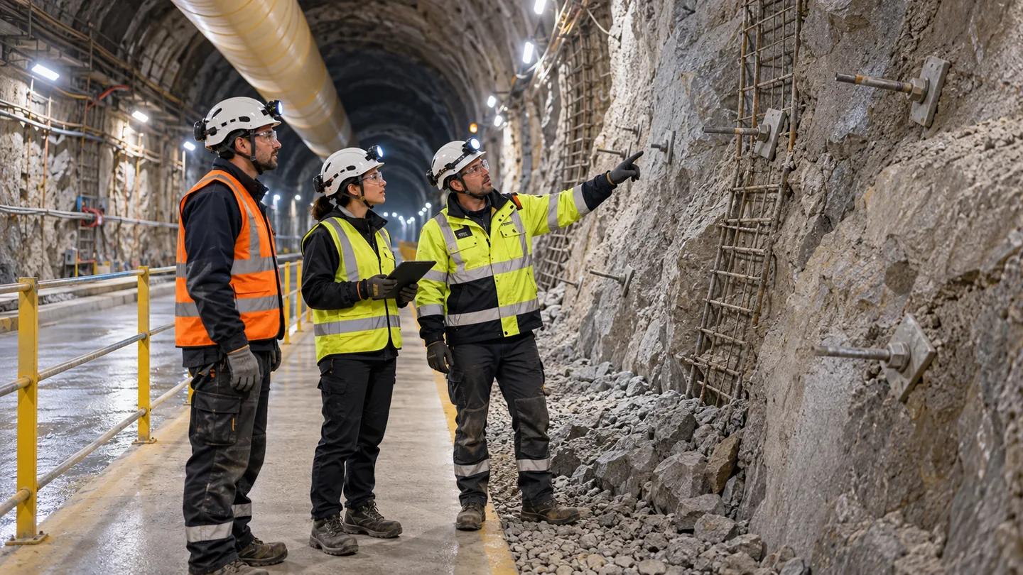 Ilustración de formación preventiva en Ejecución de túneles y sostenimiento de excavaciones subterráneas y taludes — PRL Construcción